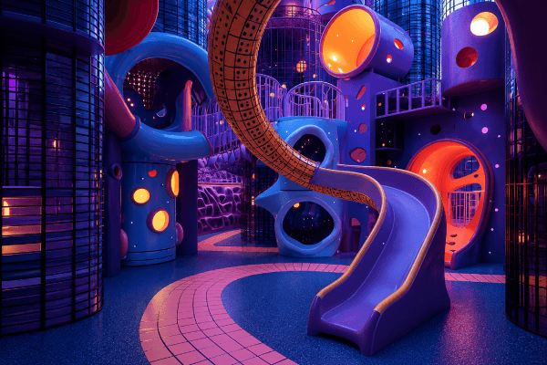 themed indoor playground with colorful play structures and safety surfacing designed to attract families to commercial venues.